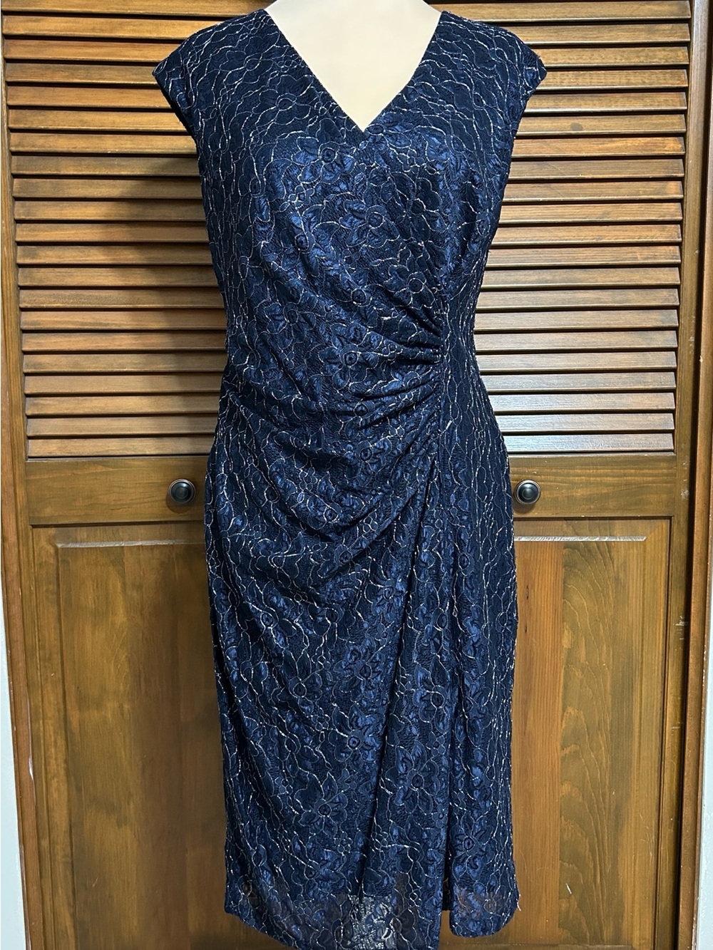 American Living Navy Lace Draped Wrap Style Dress Silver Metallic Detail Size 12